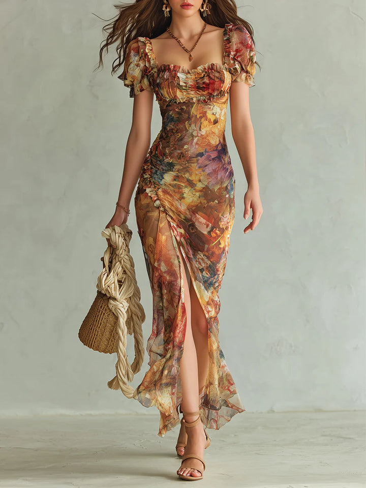 Abito Maxi in Chiffon con Stampa di Olio Bohemien Arancione