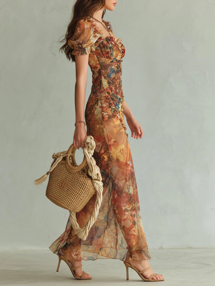Abito Maxi in Chiffon con Stampa di Olio Bohemien Arancione
