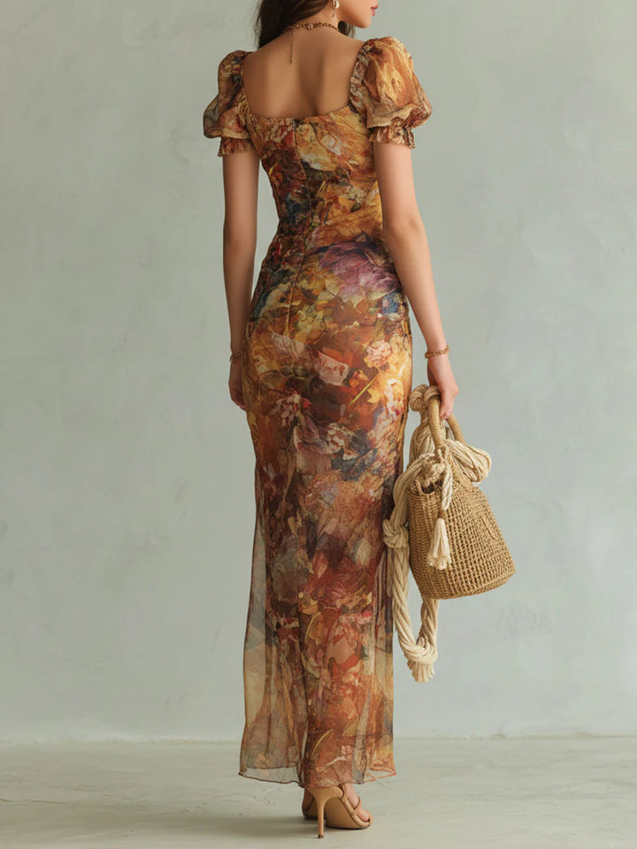 Abito Maxi in Chiffon con Stampa di Olio Bohemien Arancione