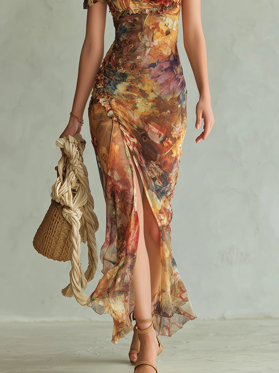 Abito Maxi in Chiffon con Stampa di Olio Bohemien Arancione