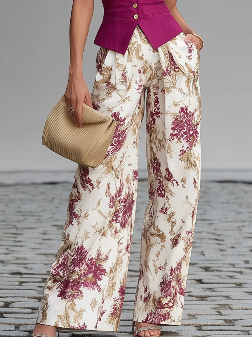 Set di Canotta Senza Maniche Rosa e Pantaloni a Gamba Larga con Stampa Floreale