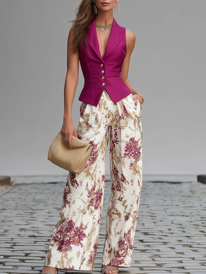 Set di Canotta Senza Maniche Rosa e Pantaloni a Gamba Larga con Stampa Floreale