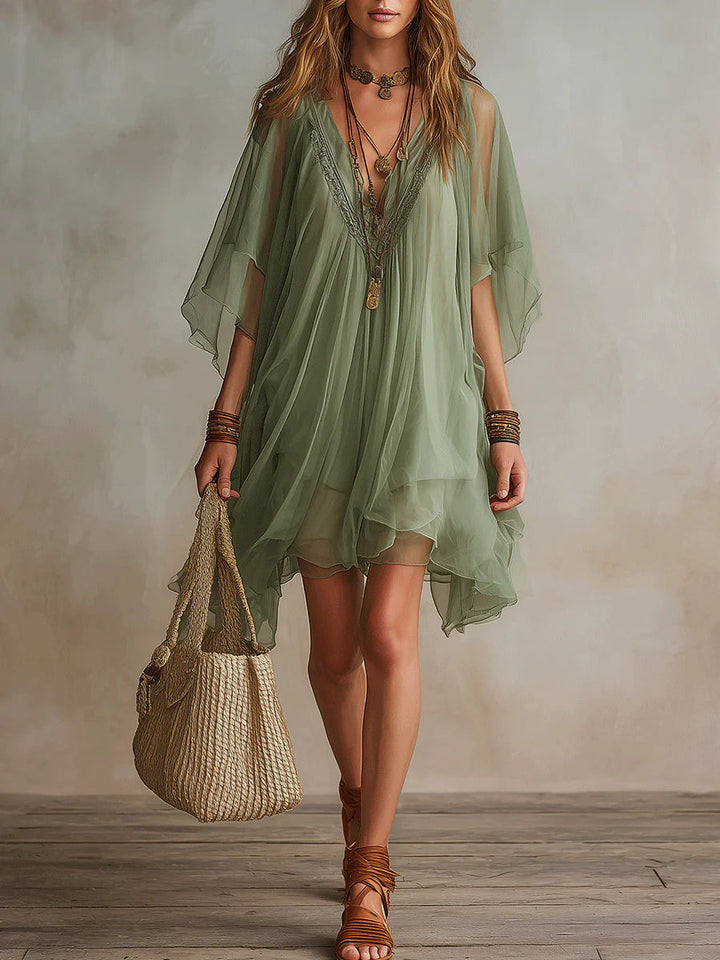 Vestito Mini Fluttuante in Chiffon Verde con Scollo a V