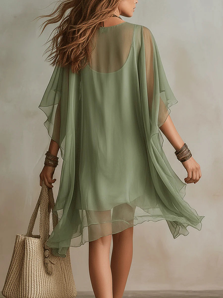 Vestito Mini Fluttuante in Chiffon Verde con Scollo a V