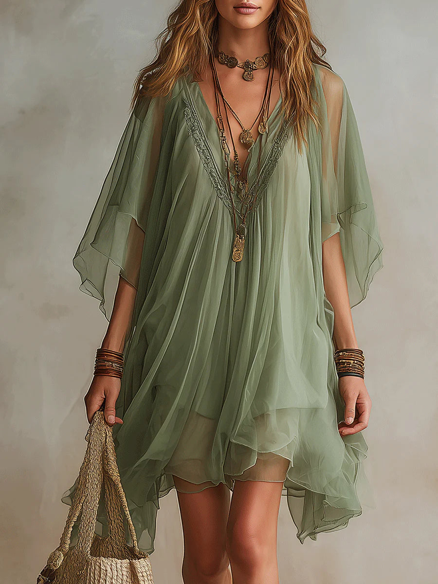 Vestito Mini Fluttuante in Chiffon Verde con Scollo a V