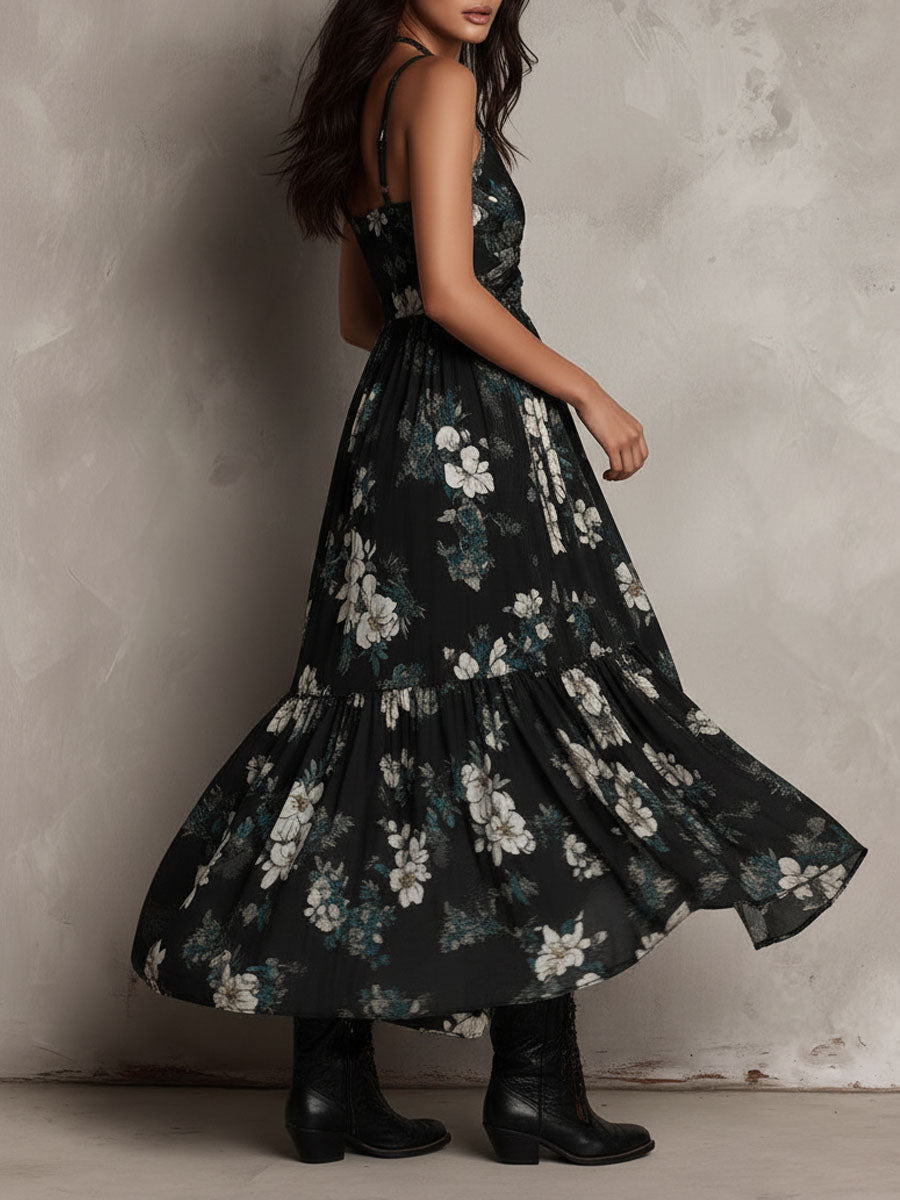 Abito Maxi Senza Spalline Irregolare con Stampa Floreale Bohemien Nera