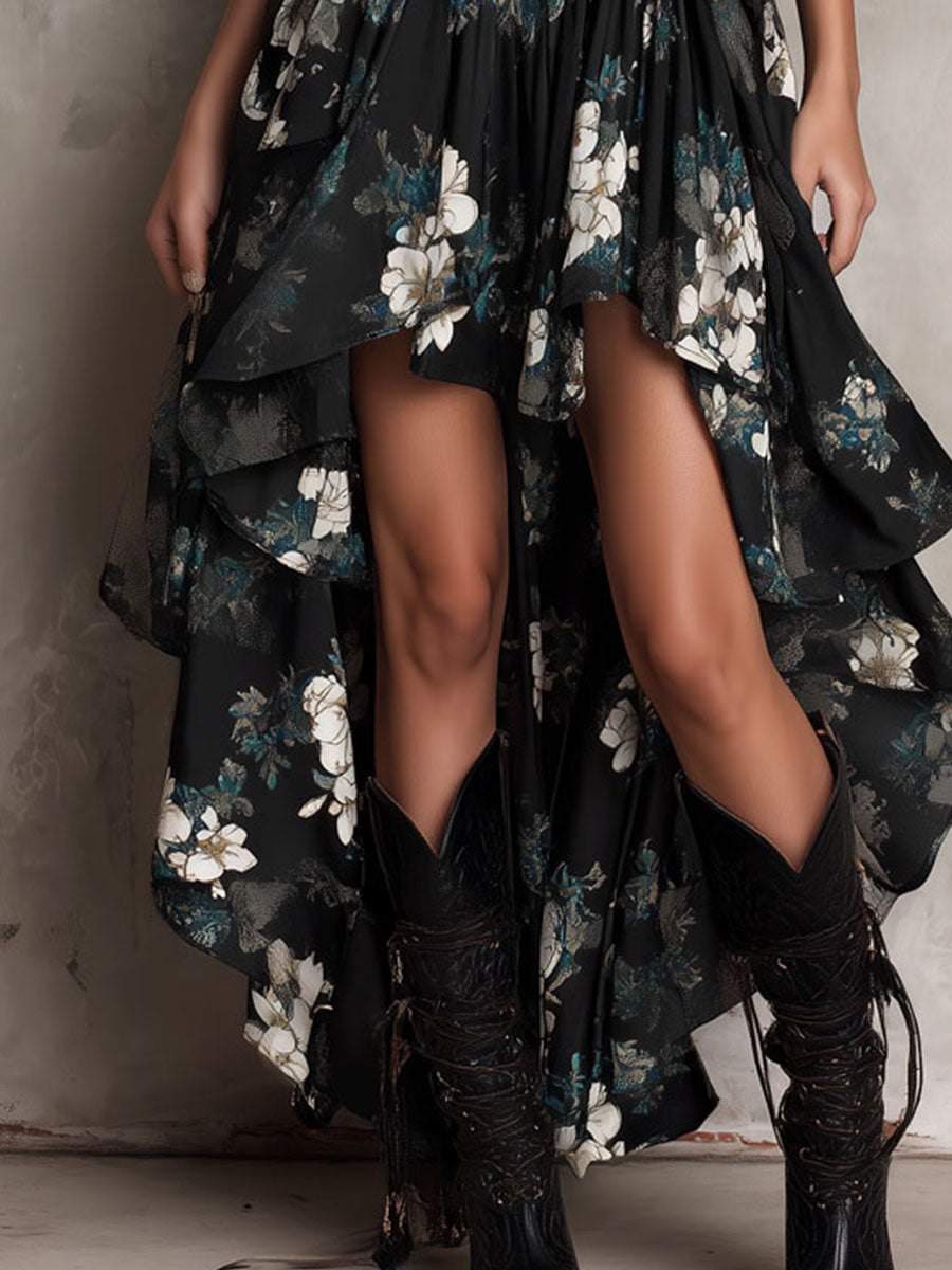Abito Maxi Senza Spalline Irregolare con Stampa Floreale Bohemien Nera