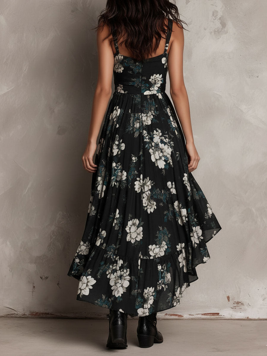 Abito Maxi Senza Spalline Irregolare con Stampa Floreale Bohemien Nera