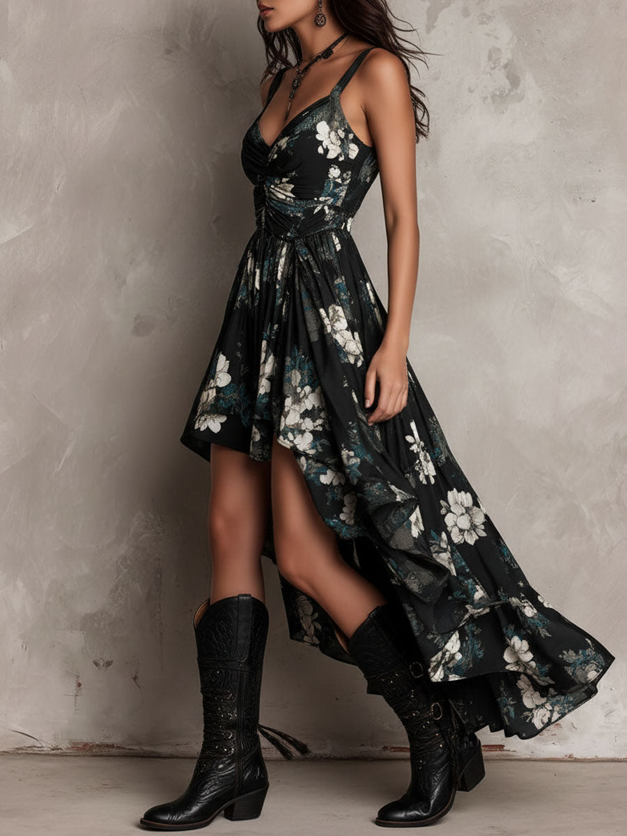 Abito Maxi Senza Spalline Irregolare con Stampa Floreale Bohemien Nera