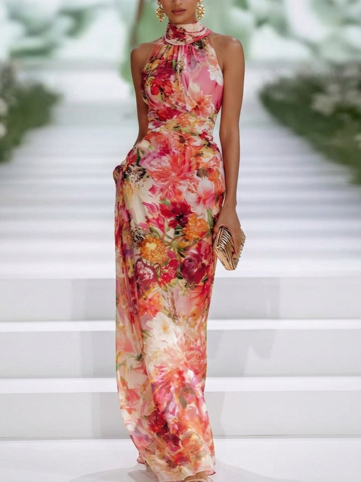Abito Maxy Senza Maniche in Chiffon Floreale Rosso con Collo All'Americana