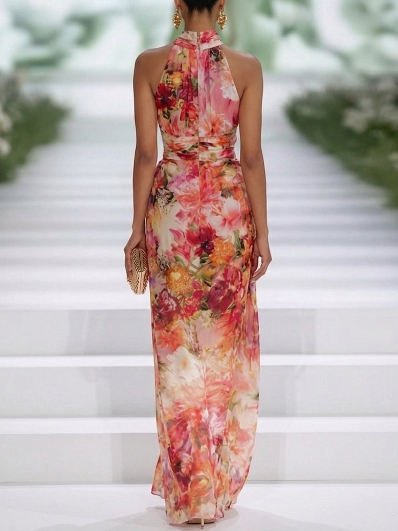 Abito Maxy Senza Maniche in Chiffon Floreale Rosso con Collo All'Americana