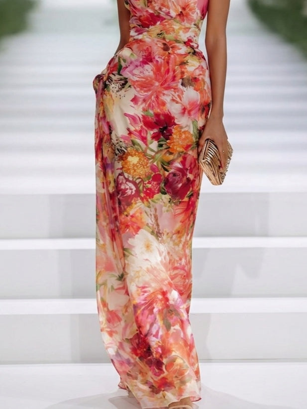 Abito Maxy Senza Maniche in Chiffon Floreale Rosso con Collo All'Americana
