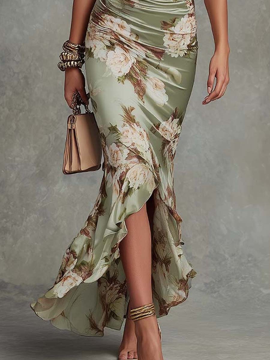 Abito Maxi Asimmetrico in Satin con Maniche a Campana Ruffle e Stampa Floreale Verde