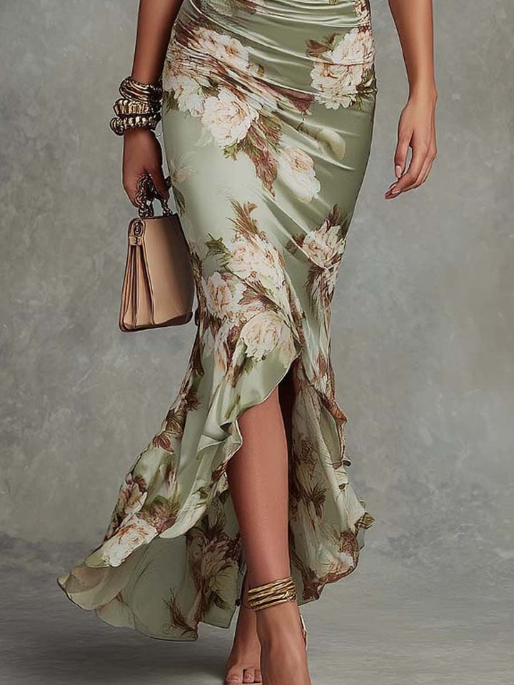Abito Maxi Asimmetrico in Satin con Maniche a Campana Ruffle e Stampa Floreale Verde