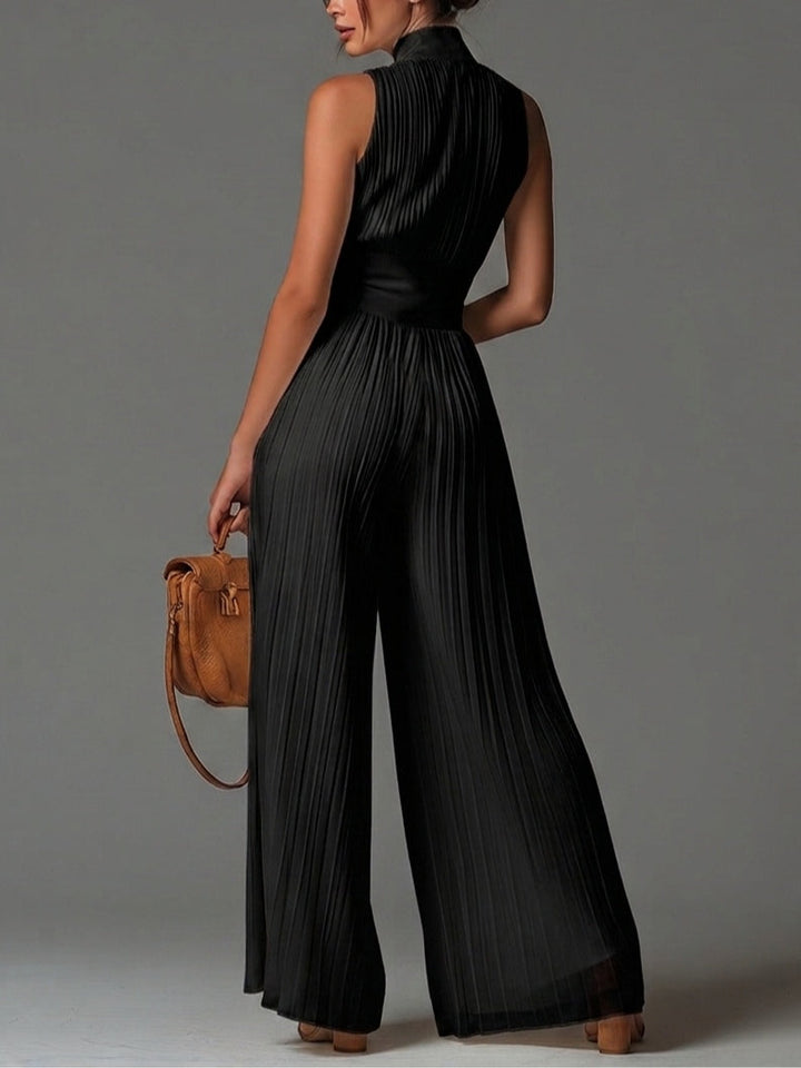 Jumpsuit Chiffon Nera Senza Maniche con Zip e Pieghe a Gamba Larga