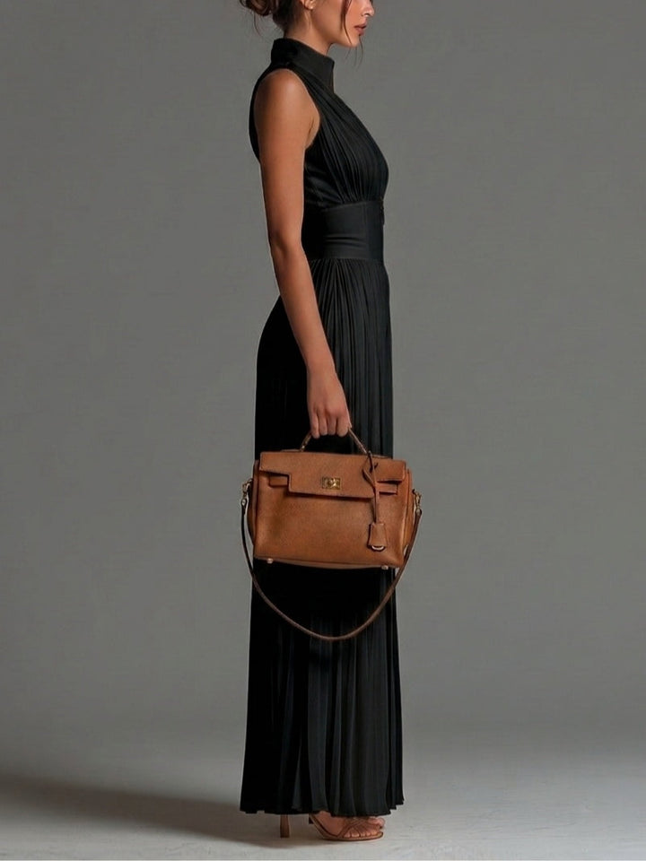 Jumpsuit Chiffon Nera Senza Maniche con Zip e Pieghe a Gamba Larga