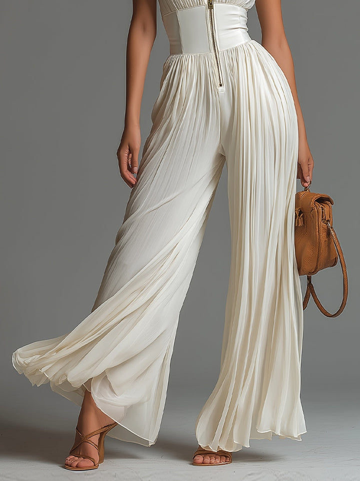 Tuta in Chiffon Plissettata Senza Maniche con Zip e Collo a V Bianco