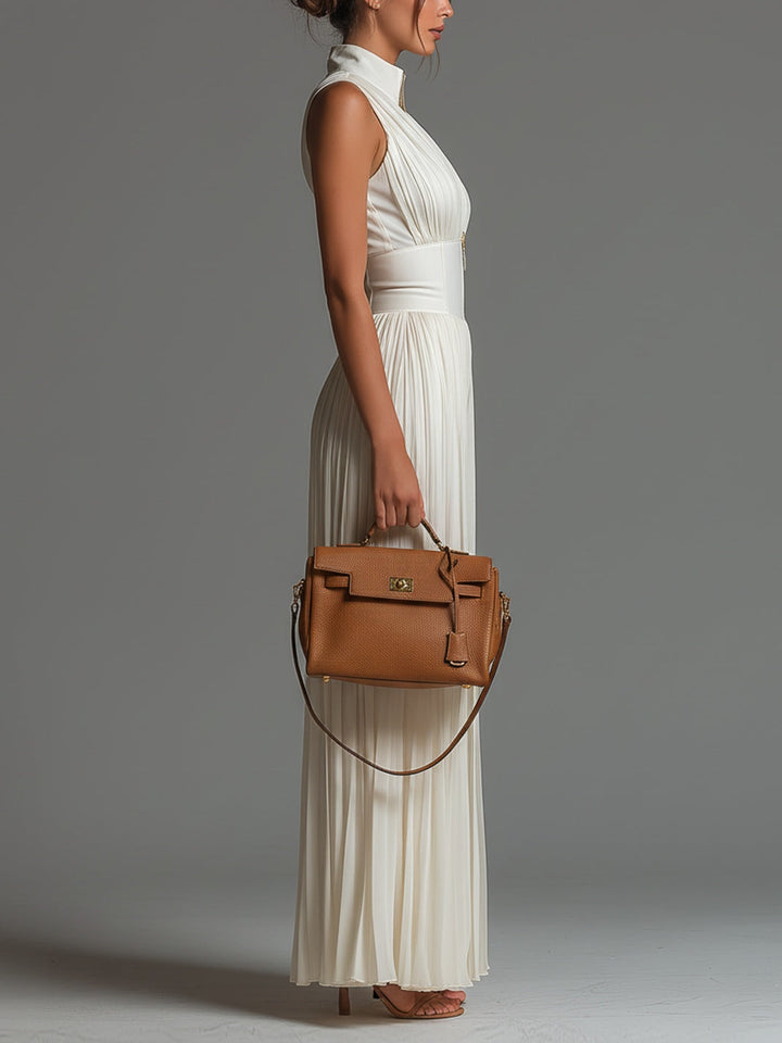 Tuta in Chiffon Plissettata Senza Maniche con Zip e Collo a V Bianco