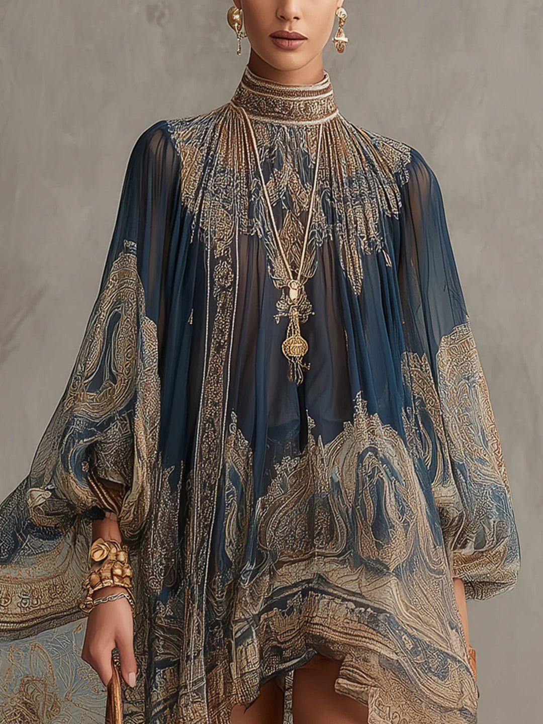 Abito Mini in Chiffon Irregolare con Stampa Barocca Blu Navy e Collo Alto