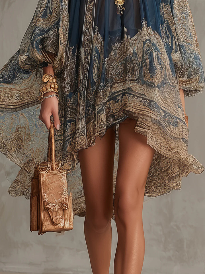 Abito Mini in Chiffon Irregolare con Stampa Barocca Blu Navy e Collo Alto
