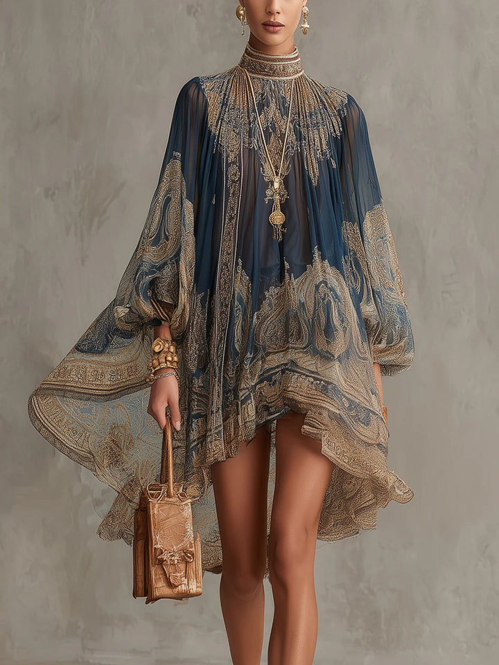 Abito Mini in Chiffon Irregolare con Stampa Barocca Blu Navy e Collo Alto