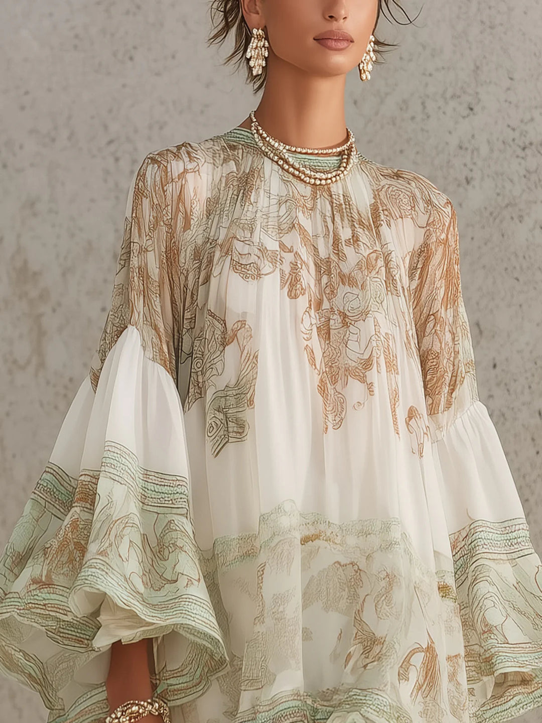 Abito Mini in Chiffon con Rouches e Maniche Floreali Verde
