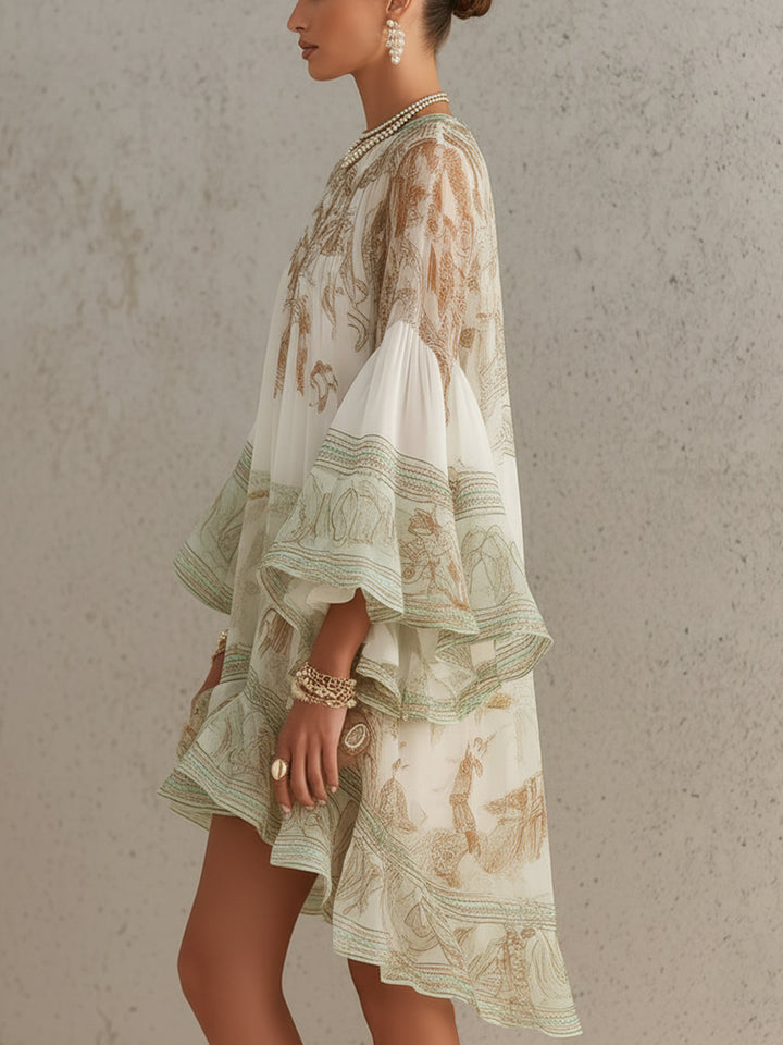 Abito Mini in Chiffon con Rouches e Maniche Floreali Verde