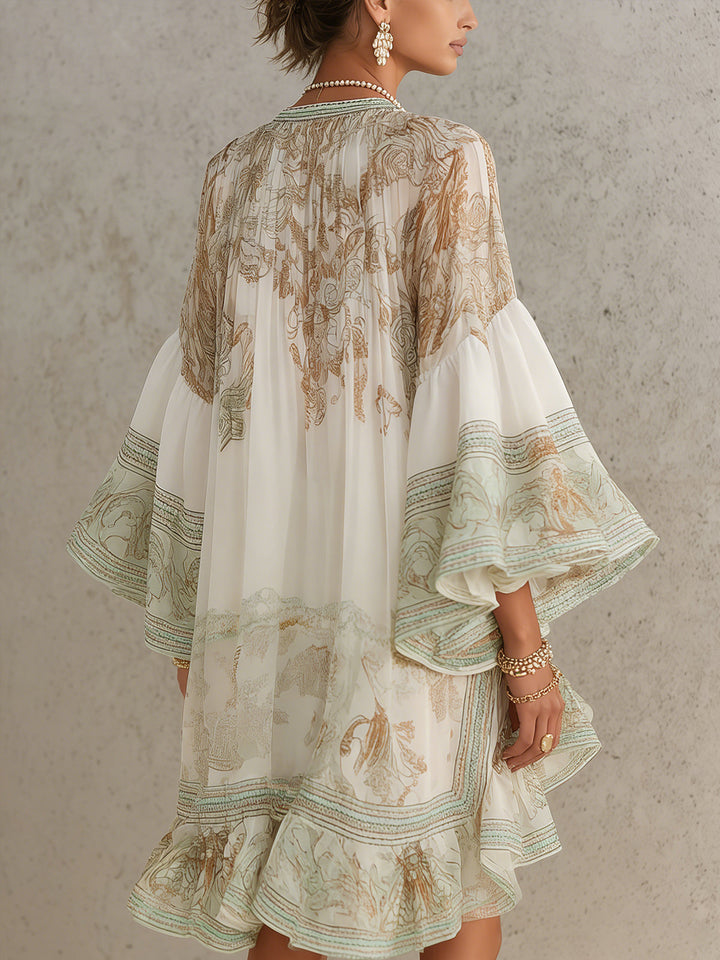 Abito Mini in Chiffon con Rouches e Maniche Floreali Verde