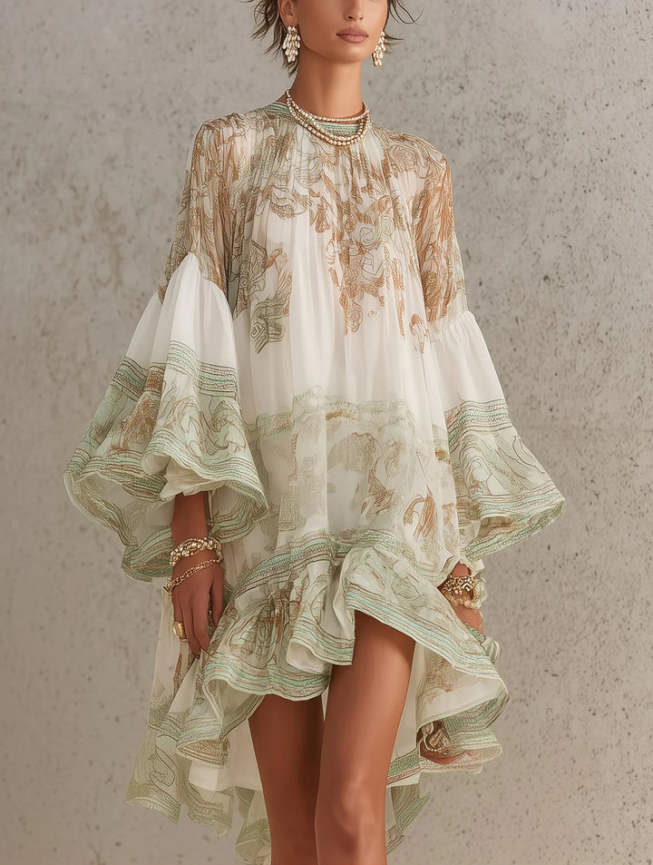 Abito Mini in Chiffon con Rouches e Maniche Floreali Verde