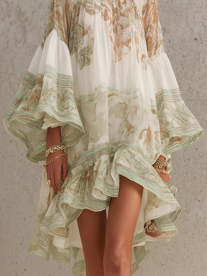 Abito Mini in Chiffon con Rouches e Maniche Floreali Verde