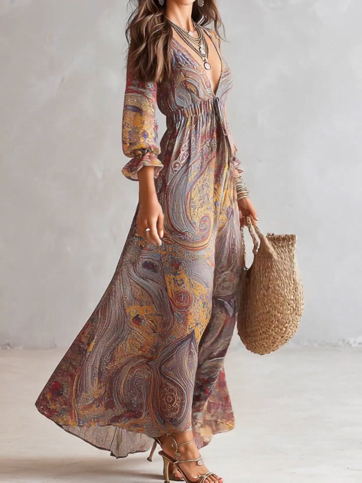 Abito Maxi in Chiffon con Stampa Paisley e Scollatura a V