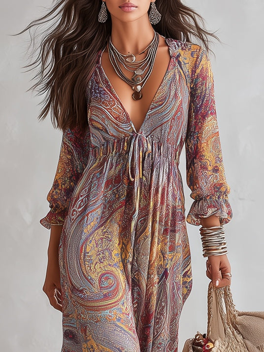Abito Maxi in Chiffon con Stampa Paisley e Scollatura a V