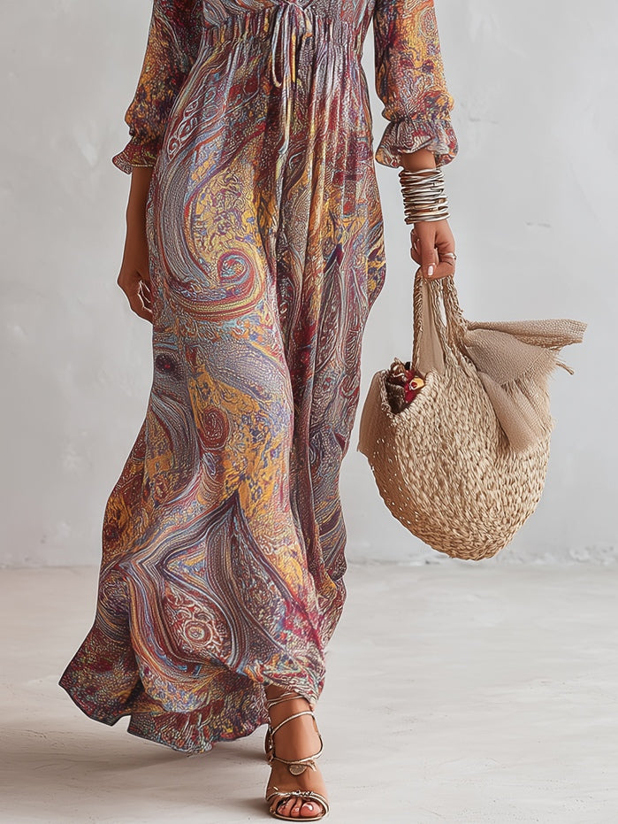 Abito Maxi in Chiffon con Stampa Paisley e Scollatura a V