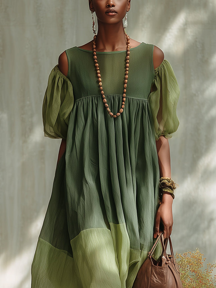 Abito Midi in Chiffon Verde con Spalle Scoperte e Maniche Corte