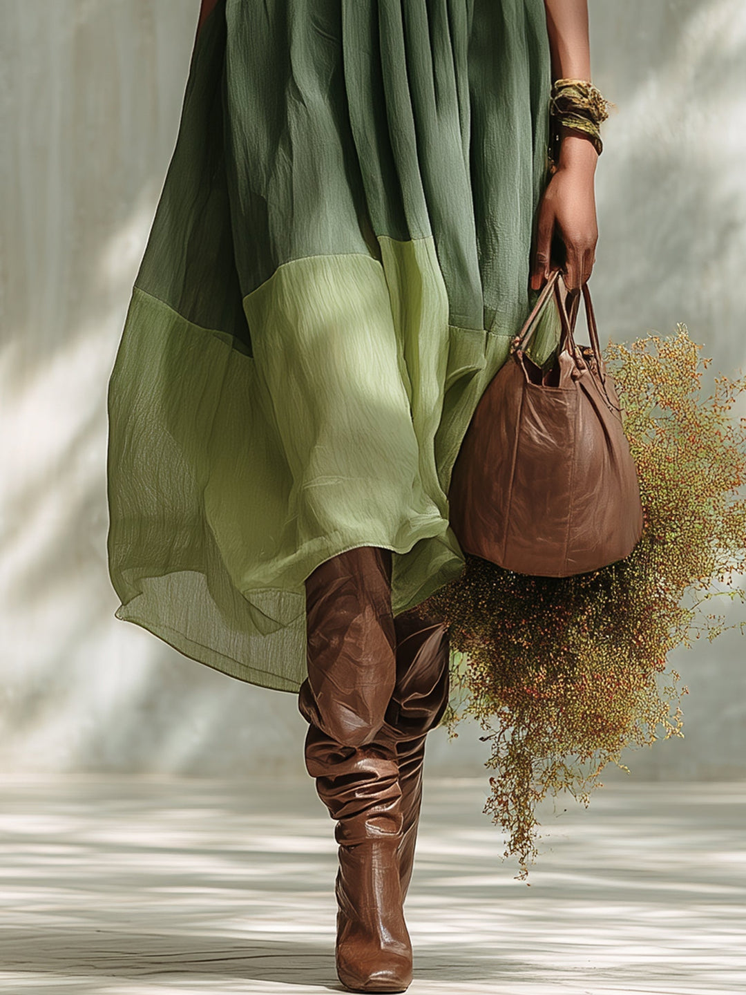 Abito Midi in Chiffon Verde con Spalle Scoperte e Maniche Corte