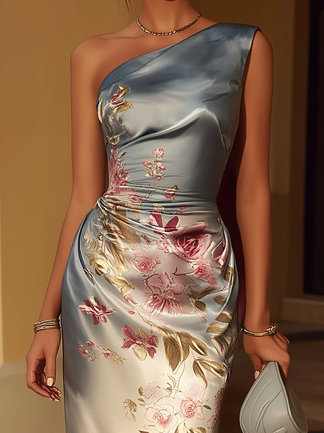 Abito midi in satin con stampa floreale a spalla unica