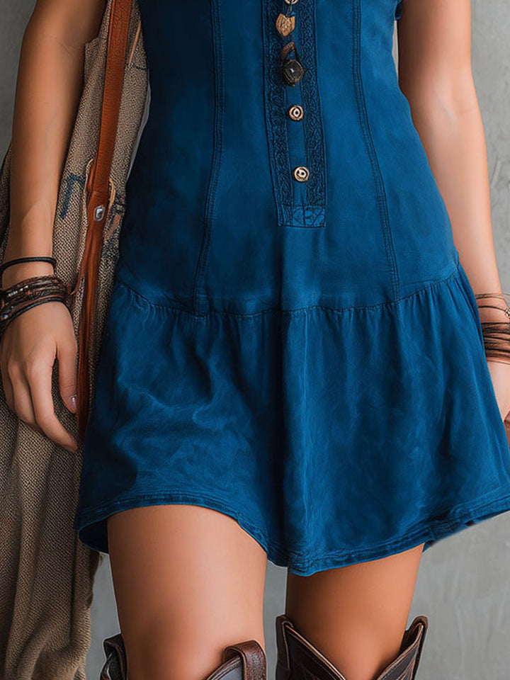 Abito Mini Senza Maniche in Viscosa Blu Indigo Bohemien