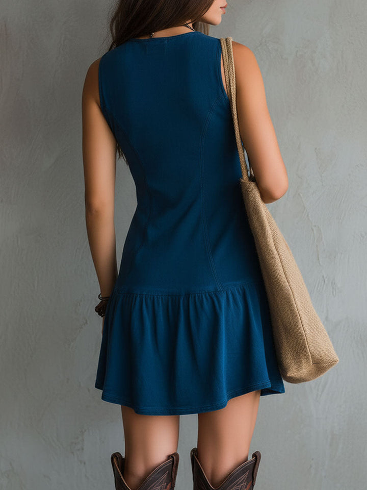 Abito Mini Senza Maniche in Viscosa Blu Indigo Bohemien
