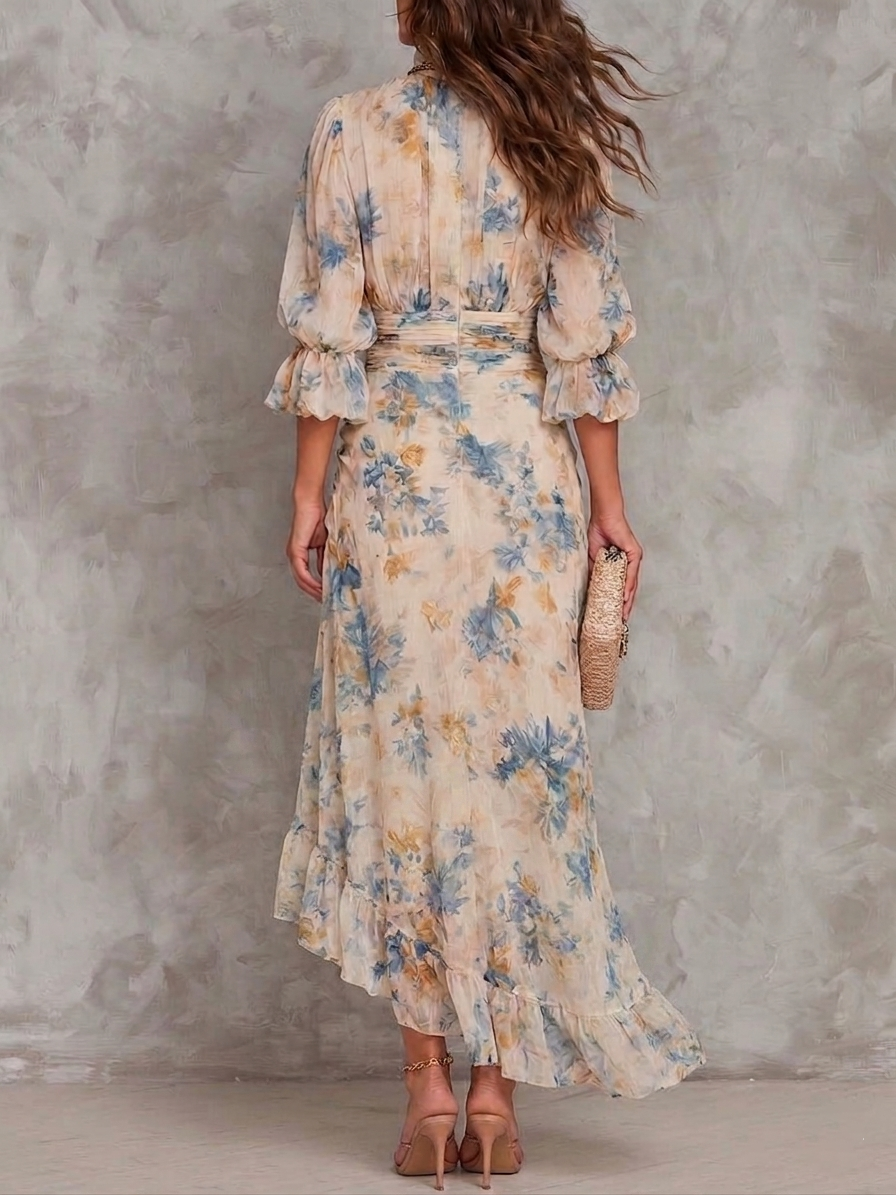 Abito Maxi Irregolare in Chiffon con Stampa Floreale a Olio Collo Alto Beige