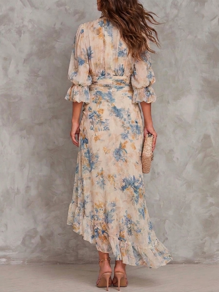 Abito Maxi Irregolare in Chiffon con Stampa Floreale a Olio Collo Alto Beige