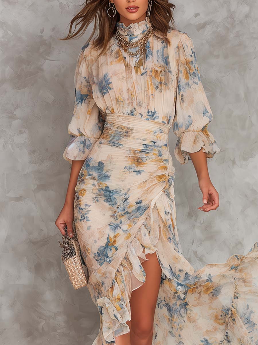 Abito Maxi Irregolare in Chiffon con Stampa Floreale a Olio Collo Alto Beige