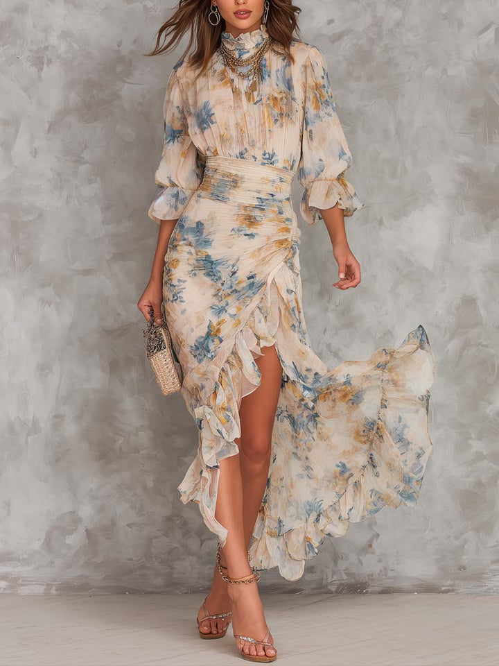 Abito Maxi Irregolare in Chiffon con Stampa Floreale a Olio Collo Alto Beige