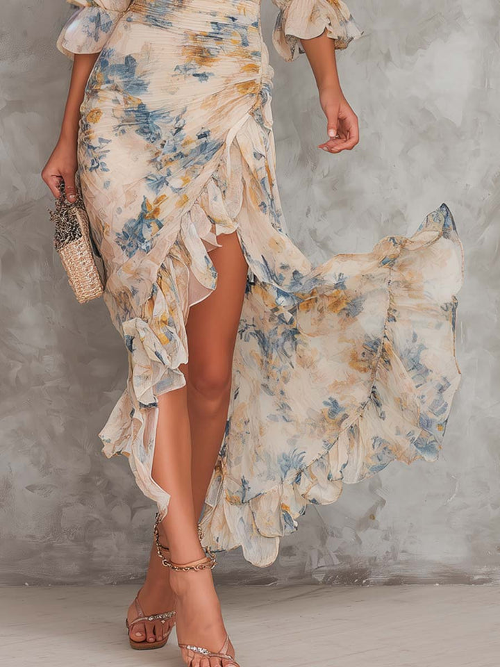 Abito Maxi Irregolare in Chiffon con Stampa Floreale a Olio Collo Alto Beige