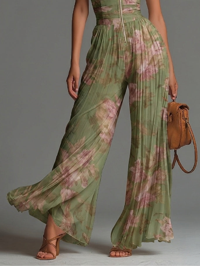 Tuta in Chiffon Verde Floreale con Scollo a V, Senza Maniche, con Zip e Pieghe, Gamba Larga