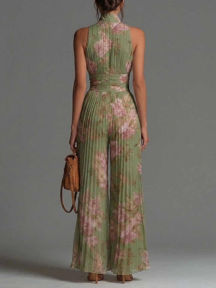 Tuta in Chiffon Verde Floreale con Scollo a V, Senza Maniche, con Zip e Pieghe, Gamba Larga