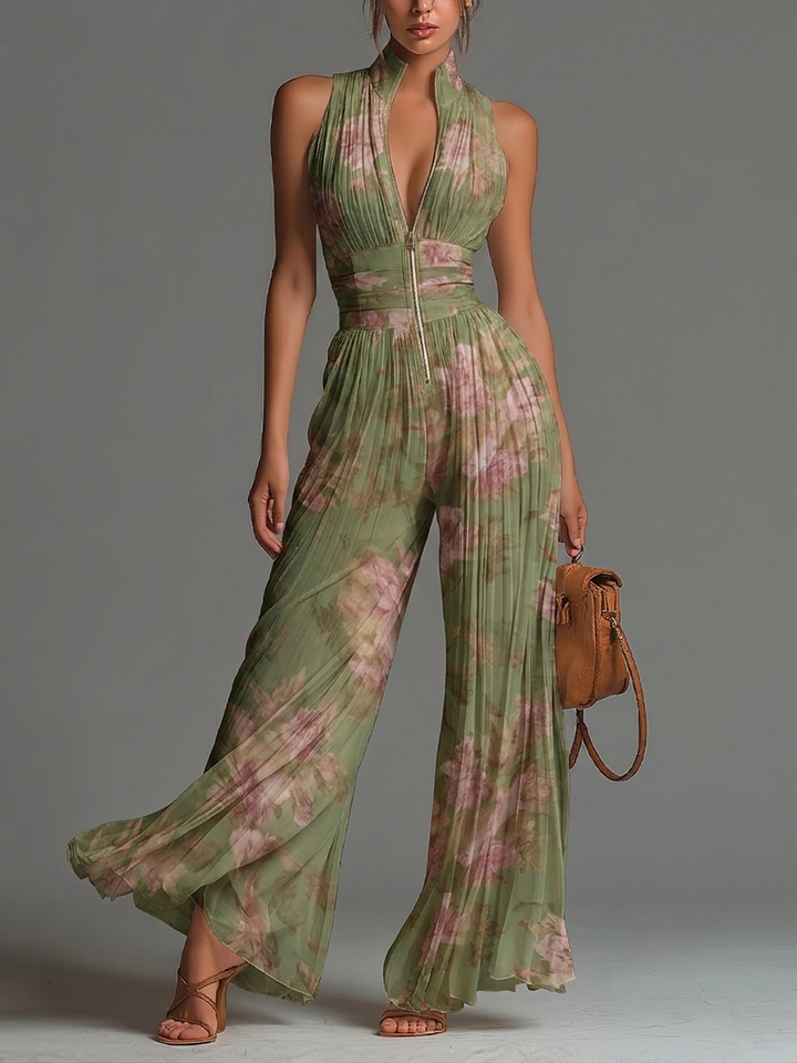 Tuta in Chiffon Verde Floreale con Scollo a V, Senza Maniche, con Zip e Pieghe, Gamba Larga