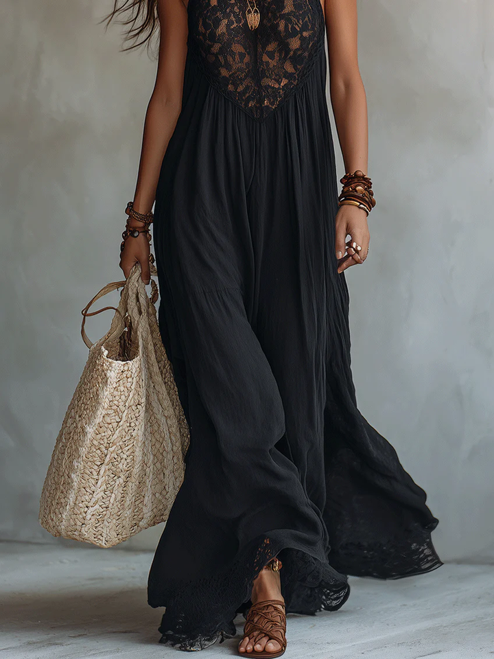 Abito Maxi Senza Maniche in Pizzo Nero Bohemien