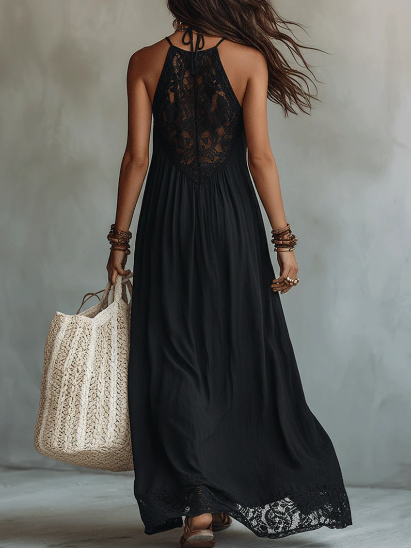 Abito Maxi Senza Maniche in Pizzo Nero Bohemien