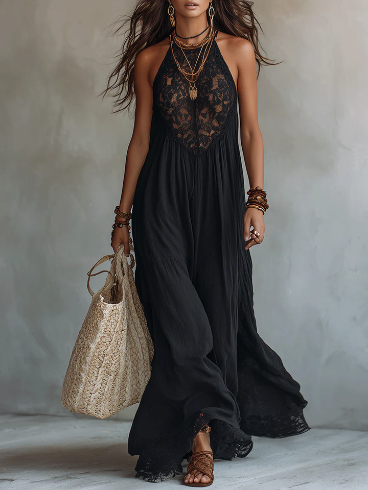 Abito Maxi Senza Maniche in Pizzo Nero Bohemien