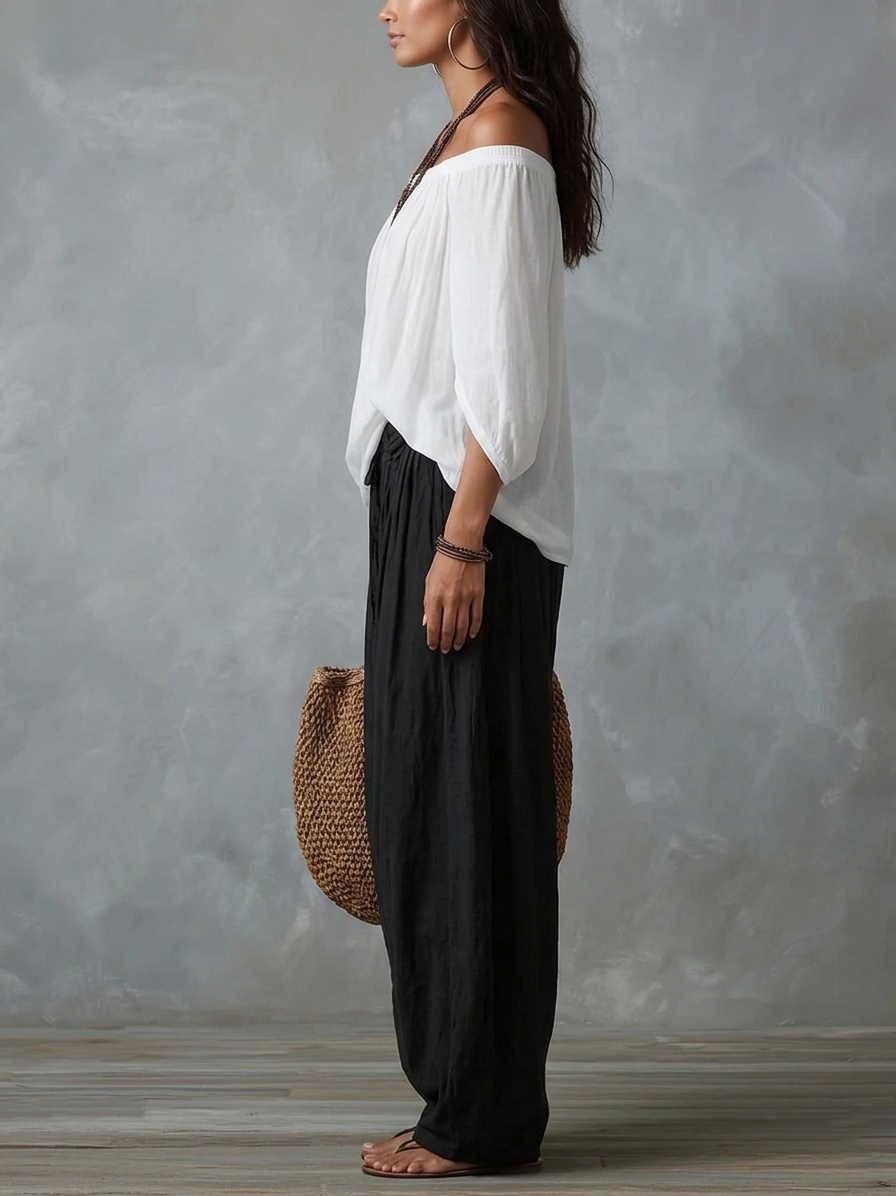 Top Bianco Off-the-Shoulder e Pantaloni Lantern Larghi